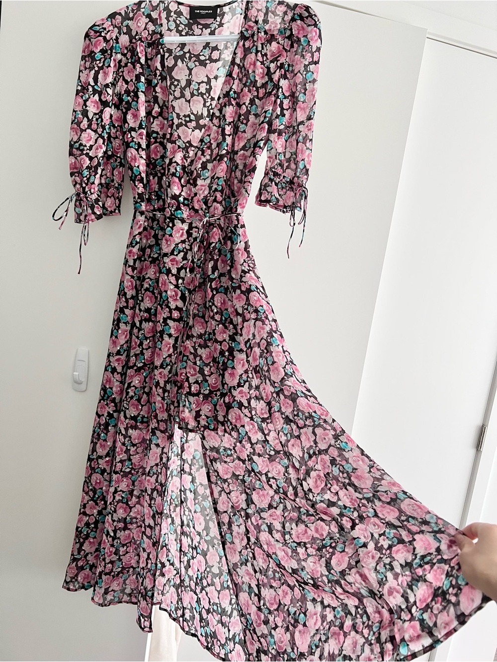 The Kooples Black Floral Pink Wrap Maxi Dress